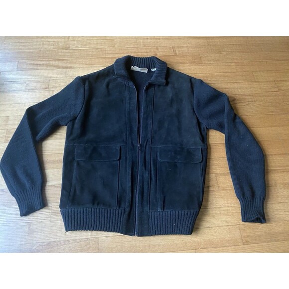 Vintage Mens Large Black 100% Cowhide Leather Knit Sweater Zip Barn Coat Unisex